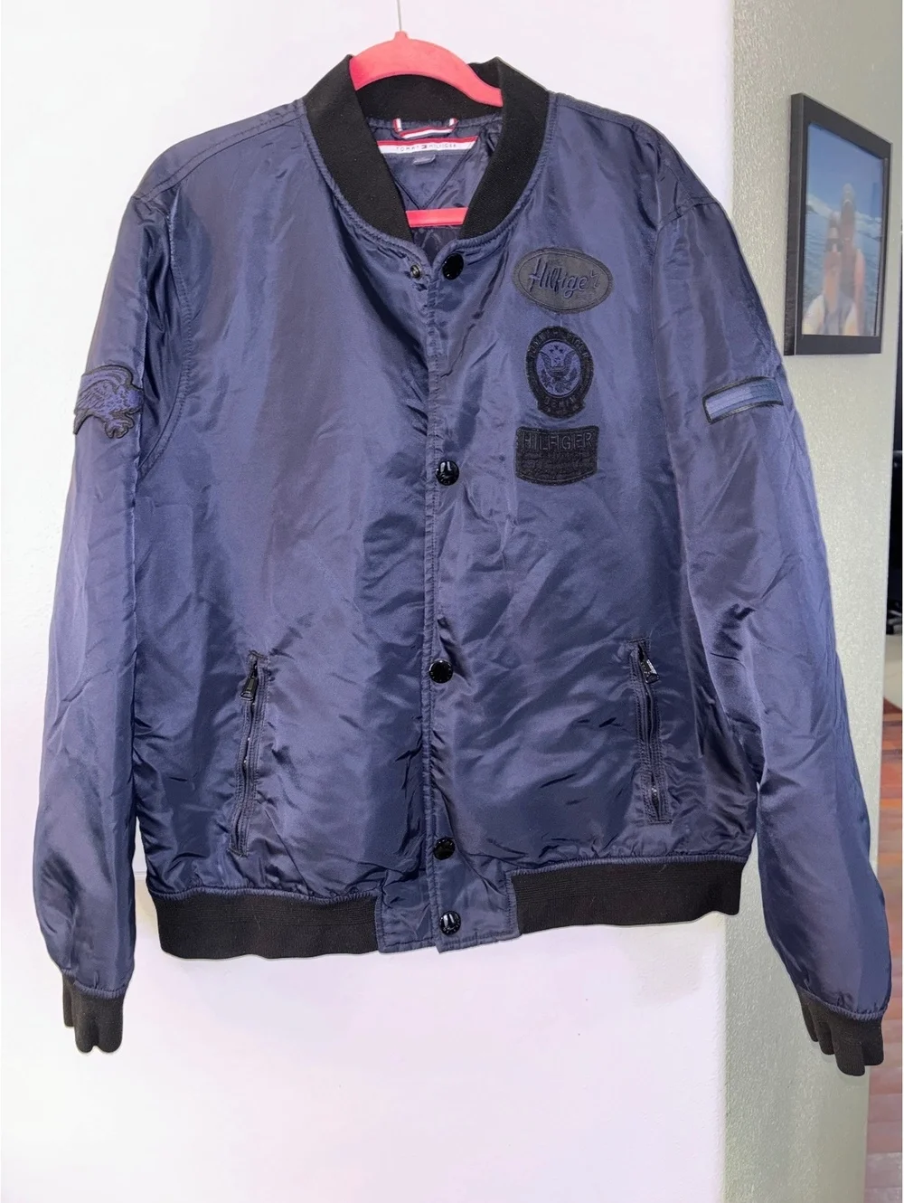 Tommy Hilfiger Crest Patch Relaxed Satin Bomber Jacket Navy XL